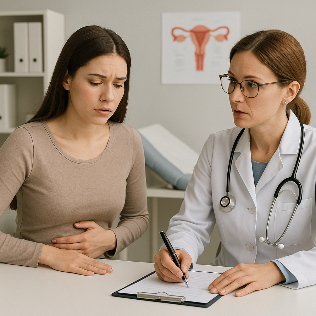 생리 불순 상담을 받고 있는 여성과 부인과 전문 의료진
