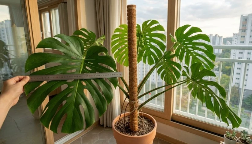 거실 창가에서 거대하게 자란 몬스테라의 잎을 자로 실측하는 모습