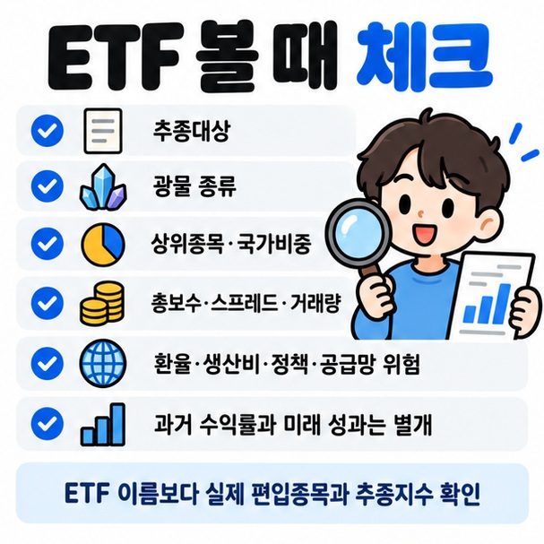 추종대상 광물 종류 상위종목 국가비중 총보수 스프레드 원자재 가격과 공급망 위험을 확인하는 ETF 체크리스트 이미지