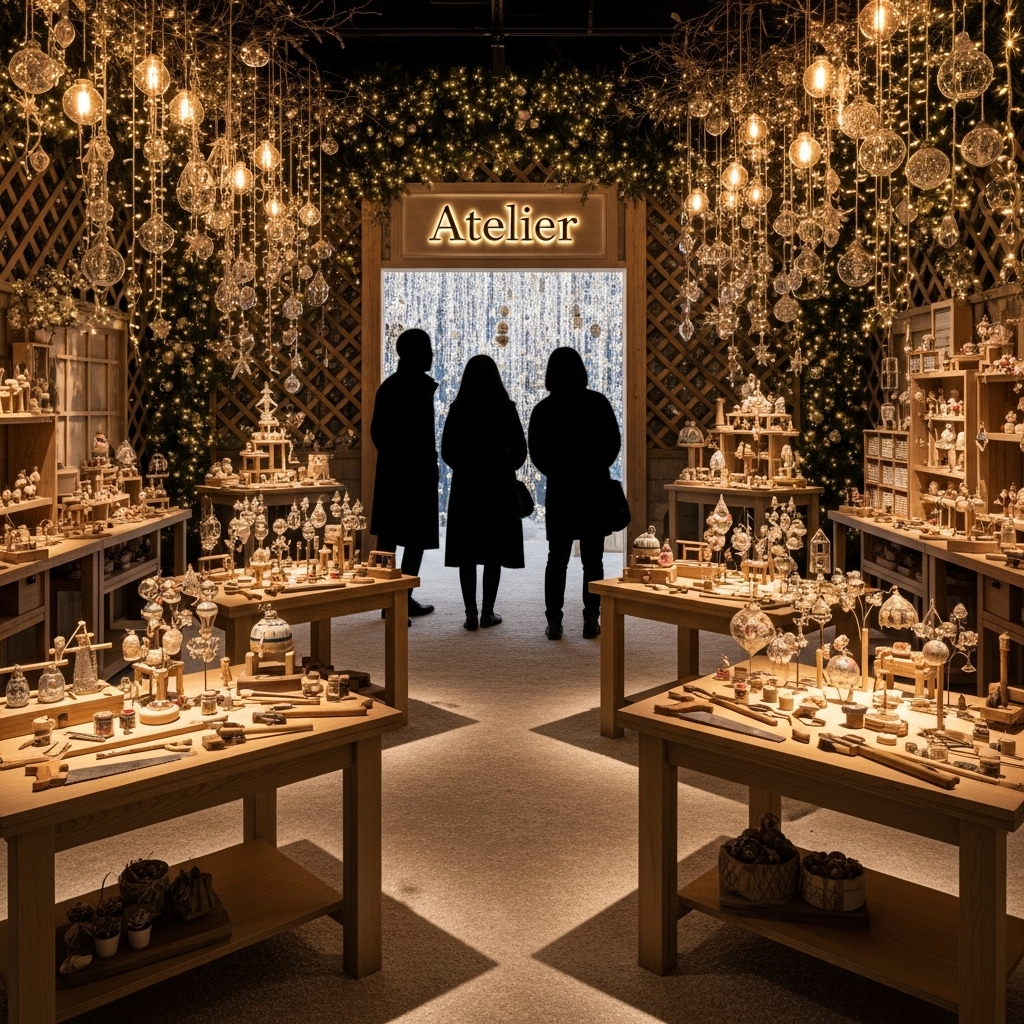 더현대 서울 크리스마스 공방 테마의 사운즈 포레스트, 아름다운 조명과 수공예 장식품들로 꾸며진 환상적인 연말 풍경.