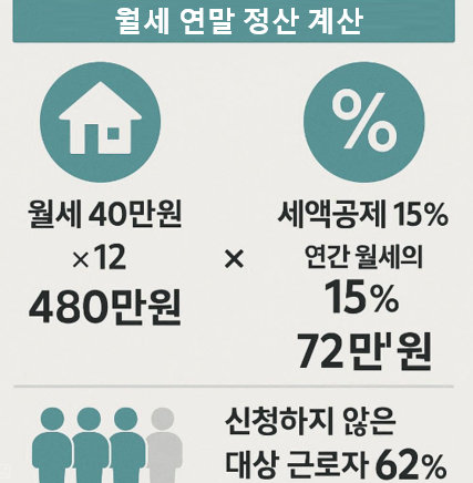 월세 40만원 기준 연말정산 세액공제 72만원 환급 구조 &mdash; 62% 미신청 현실