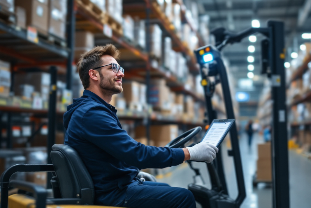 지게차를 타고 태블릿을 이용해 화물의 위치를 파악하는 모습