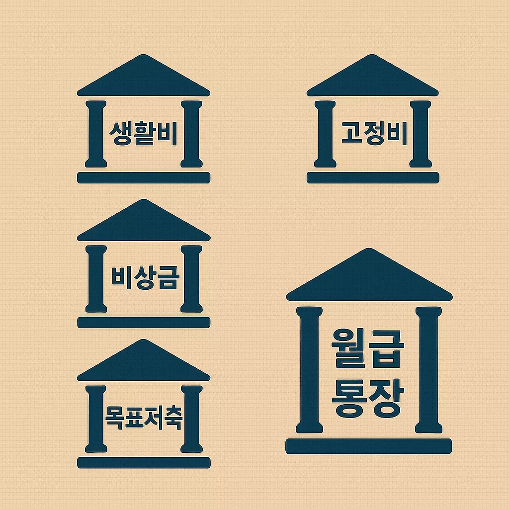 생활비, 고정비, 비상금, 목표저축, 월급 통장으로 명확히 역할이 나뉜 5개의 통장 다이어그램