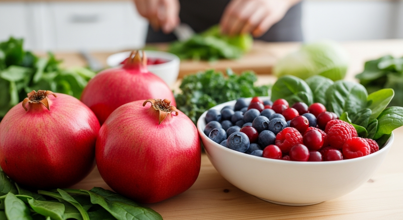 석류, 베리류, 푸른 잎채소 등 갱년기 여성에게 좋은 신선한 과일과 채소들.
