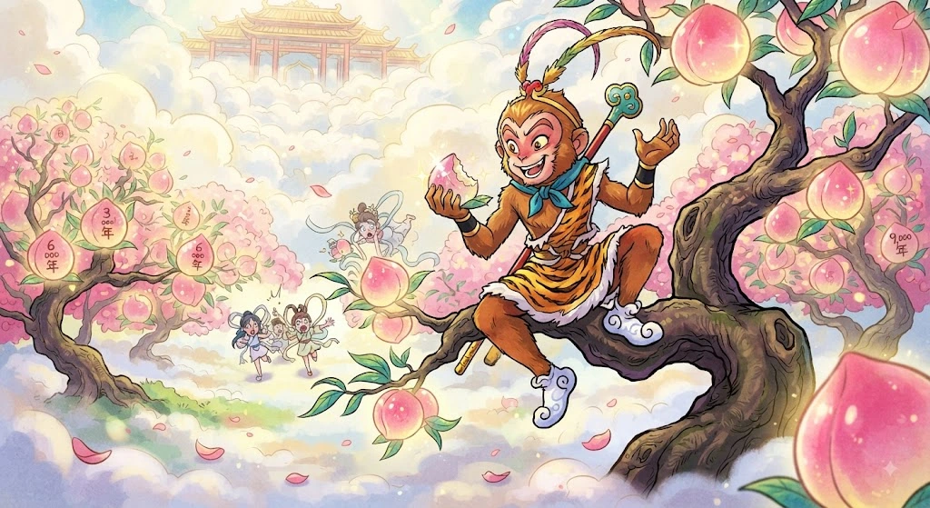서유기 천도복숭아 나무 위에 걸터앉아 복숭아를 먹고 있는 손오공과 놀란 선녀들 일러스트