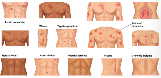 Different types of hives on skin, showing acute and chronic urticaria, medical illustration style,