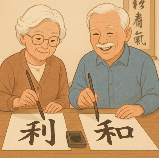 노부부가 서예를 즐기는 모습