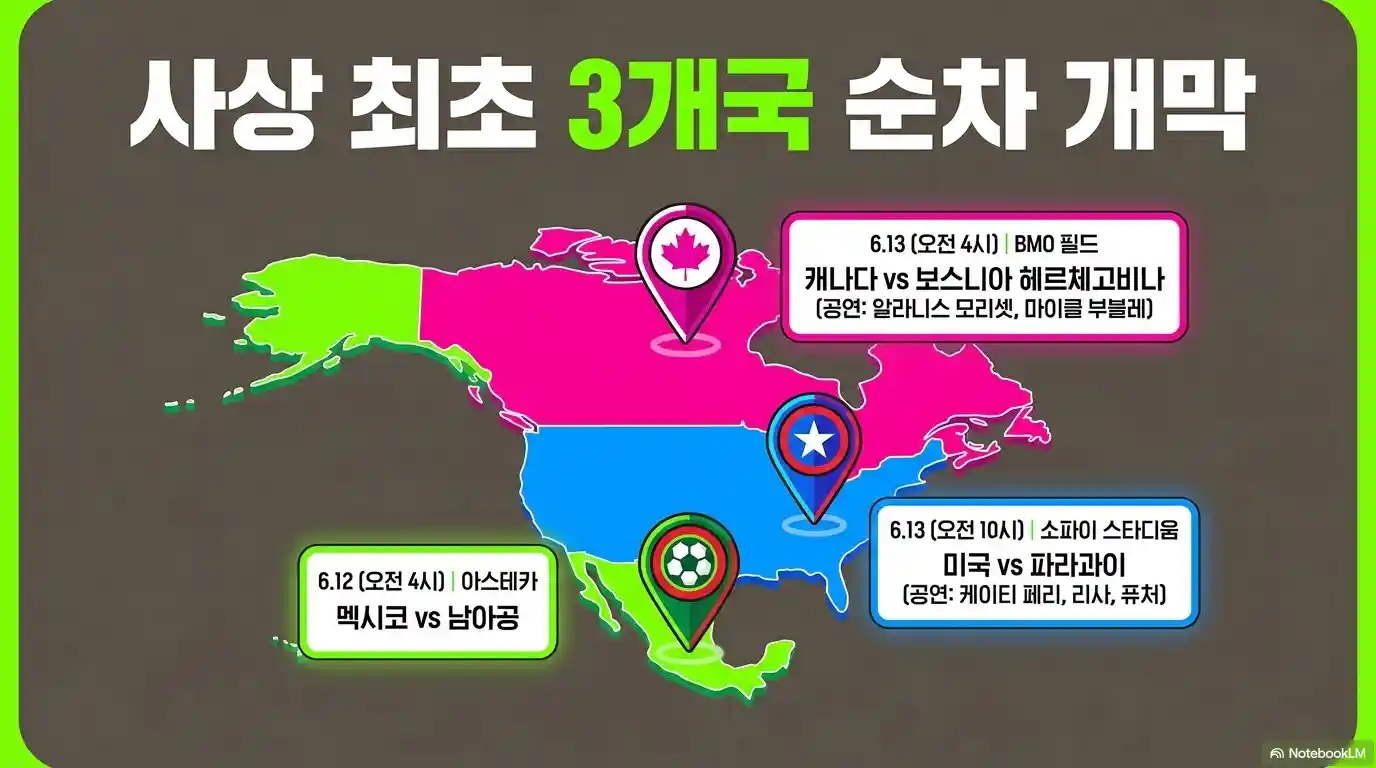 2026 북중미 월드컵 사상 최초 3개국 순차 개막 일정 지도 - 6월 12일 오전 4시 아스테카(멕시코 vs 남아공), 6월 13일 오전 4시 BMO 필드(캐나다 vs 보스니아 헤르체고비나), 6월 13일 오전 10시 소파이 스타디움(미국 vs 파라과이)