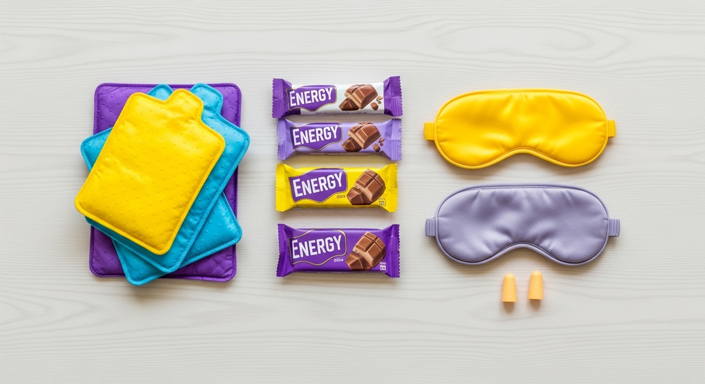 따뜻한 핫팩, 에너지바, 숙면 안대와 귀마개가 놓인 책상. 만원 이하의 부담 없는 수능 선물을 보여준다.