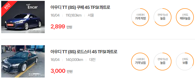 TT(8S) 2016년식 중고차 가격