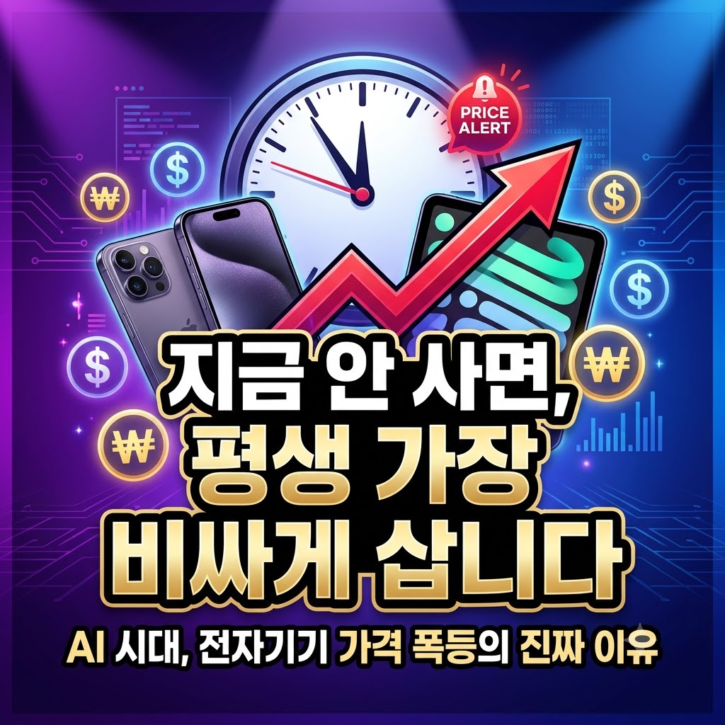 "전자기기 가격 폭등 경고 썸네일: 시계, 아이폰, 아이패드 배경에 붉은색 상승 화살표가 그려져 있습니다. 중앙에는 '지금 안 사면, 평생 가장 비싸게 삽니다'라는 큰 문구가 있고, 하단에는 'AI 시대, 전자기기 가격 폭등의 진짜 이유'라는 부제가 적혀 있습니다."