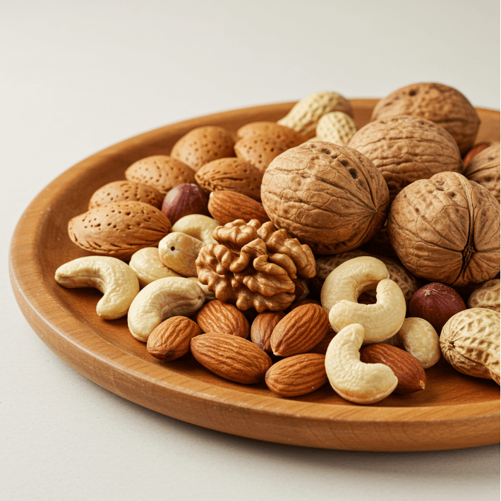 그릇에 호두, 아몬드, 캐슈넛 등의 견과류가 담겨 있는 이미지