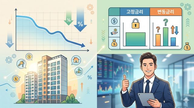 주택담보대출 고정금리와 변동금리 비교 및 금리인하 대비 전략 설명 이미지