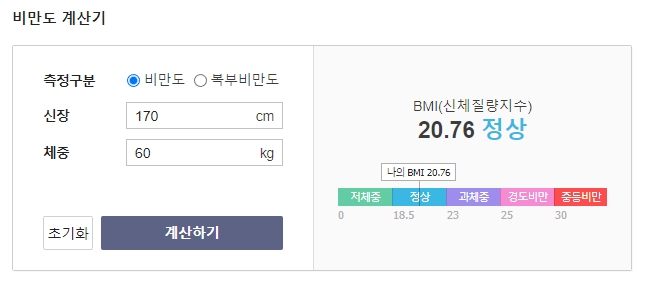 BMI 계산기에서 170cm, 60kg을 입력 시 정상 체중으로 표시된 결과