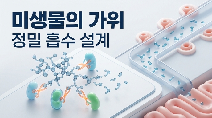 장내 미생물이 마법의 가위 역할을 하여 거대한 폴리페놀 분자를 잘게 부수고 흡수시키는 장내 환경 모식도