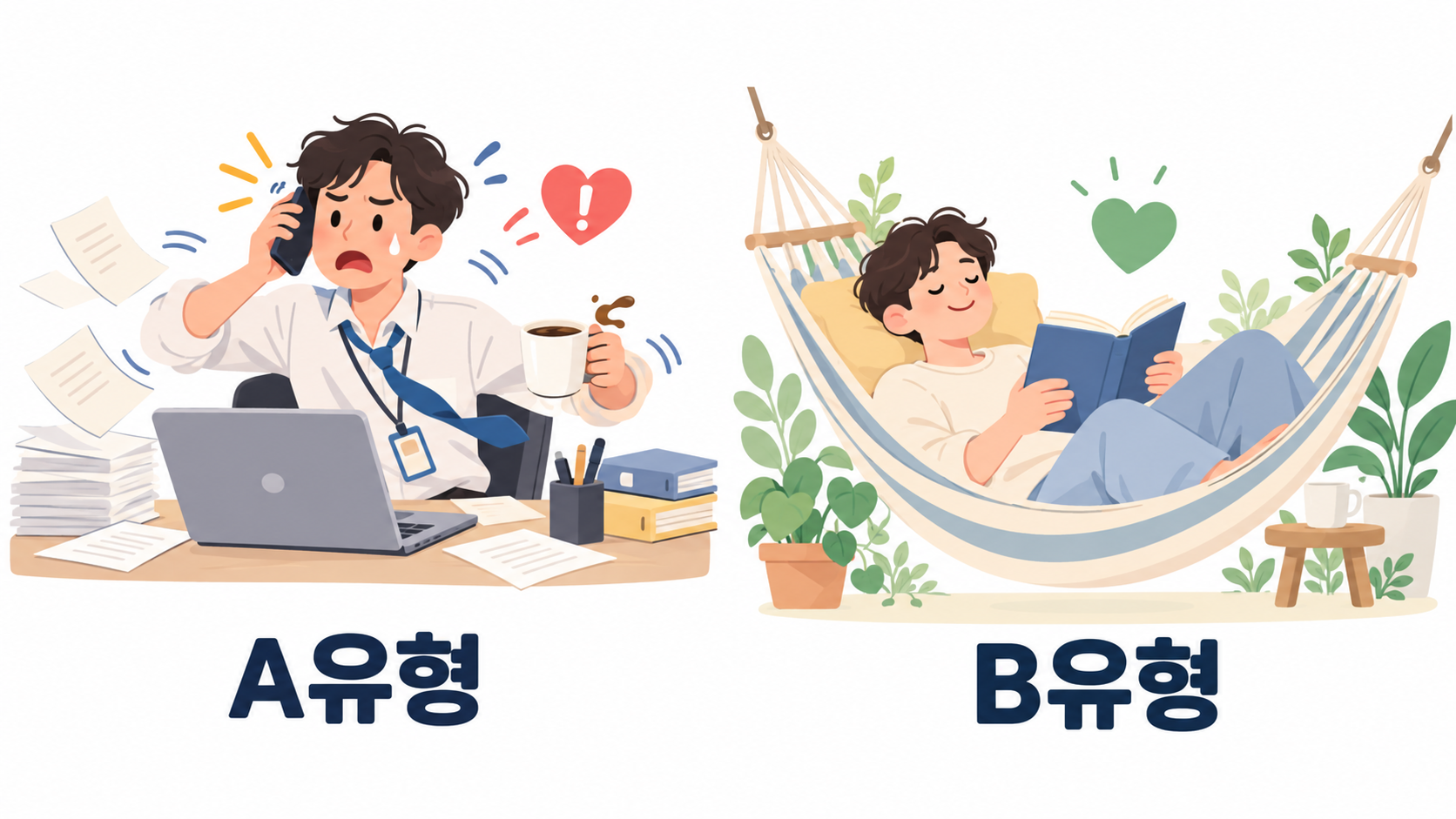 여러 일을 한꺼번에 하는 A유형 직장인과 해먹에서 쉬는 B유형 사람을 나란히 비교한 그림
