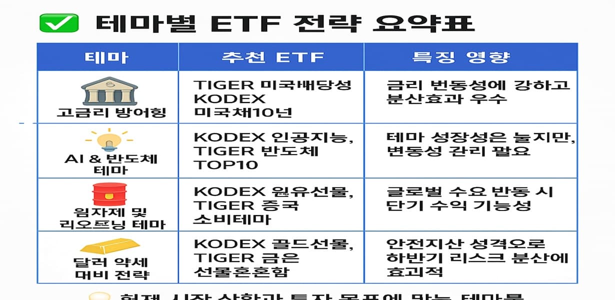 테마별 ETF 전략을 고금리 방어, AI·반도체, 원자재·리오프닝, 달러 약세 전략으로 구분해 추천 ETF와 특징을 표로 정리한 인포그래픽.