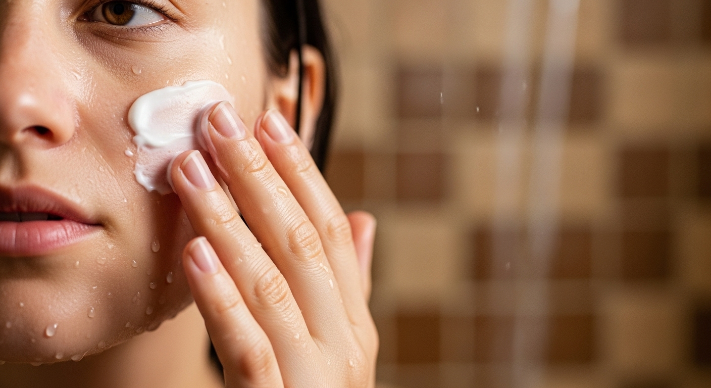 미지근한 물로 샤워 후 촉촉한 보습제를 얼굴에 바르는 사람의 모습