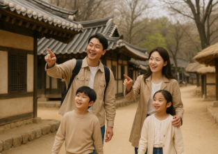 용인 민속촌에서 관람하며 즐거워하는 모습