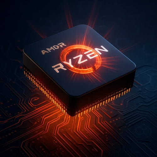 AMD Ryzen processor with illuminated circuit patterns showcasing advanced Zen architecture technology for gaming and development workloads