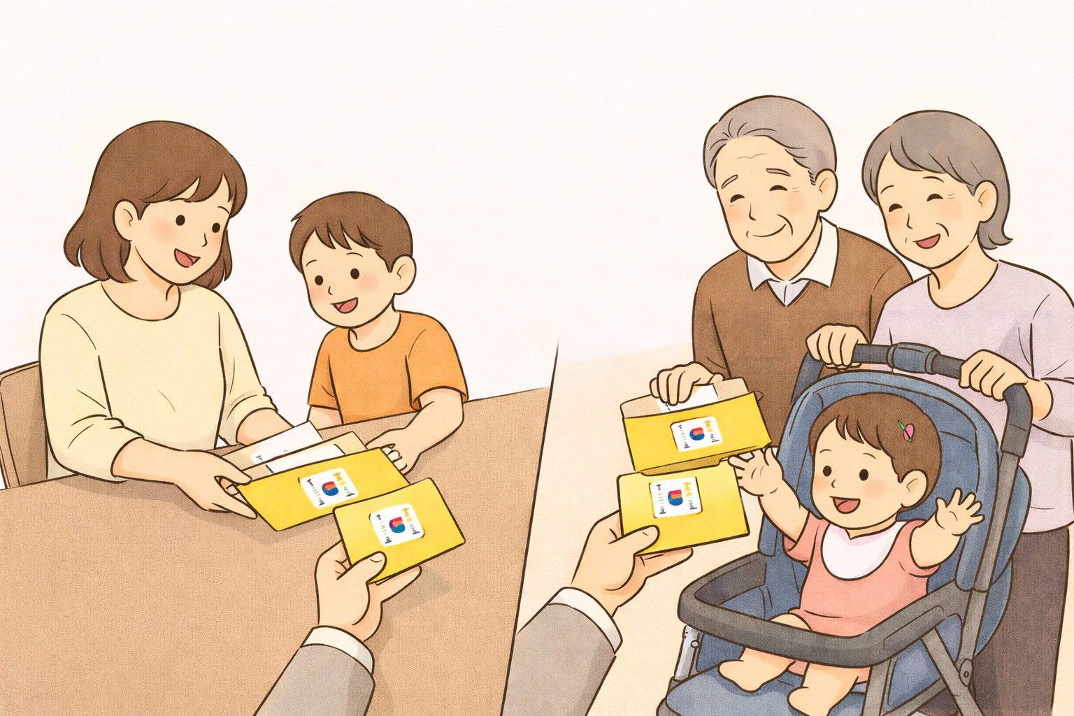 보육료 신청 후 혜택을 받고 있는 사람들의 이미지 일러스트