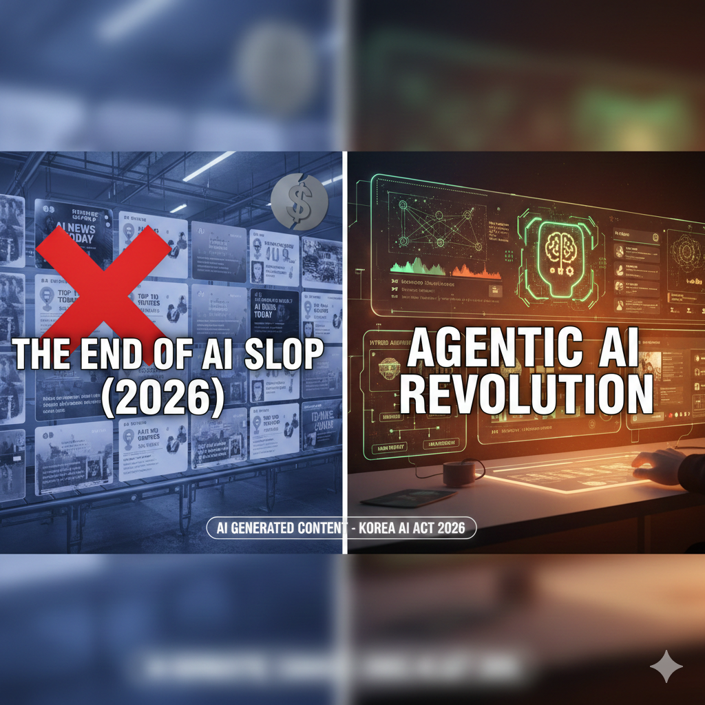 "2026년 AI 트렌드를 대비하는 이미지. 왼쪽에는 'THE END OF AI SLOP (2026)' 문구와 함께 붉은색 X 표시가 된 저품질 AI 콘텐츠들이 나열되어 있고, 오른쪽에는 'AGENTIC AI REVOLUTION' 문구와 함께 정교한 홀로그램 인터페이스를 조작하는 모습이 대비되어 나타남. 하단에는 한국 AI 기본법 준수 워터마크가 포함된 16:9 비율의 시네마틱 디오라마 스타일 이미지."