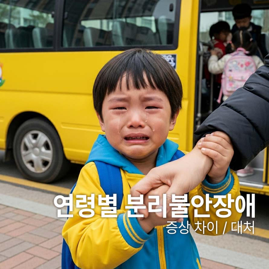 유치원 차가 앞에 와 있는데 부모와 떨어지지 않으려고 부모의 손을 잡고 울고 있는 아이