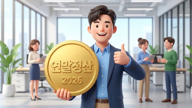'연말정산'이라고 적힌 큰 황금 동전을 들고 엄지를 치켜세우는 3D 캐릭터 스타일의 한국인 직장인