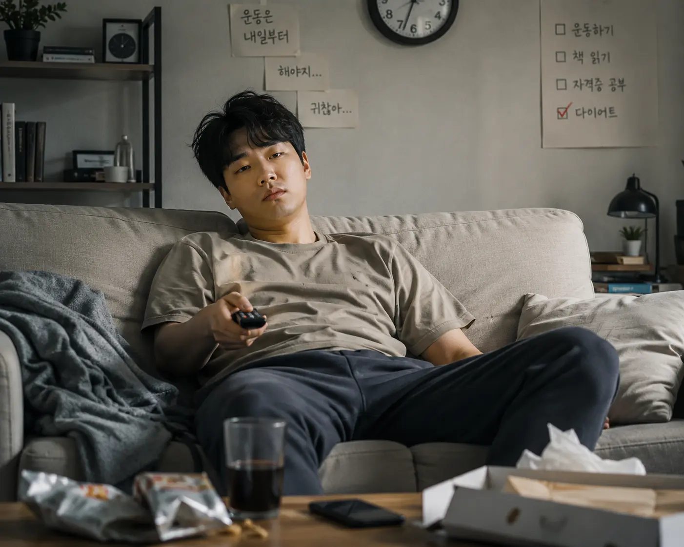 소파에 무기력하게 앉아 있는 모습, 운동 부족과 몸 무거움