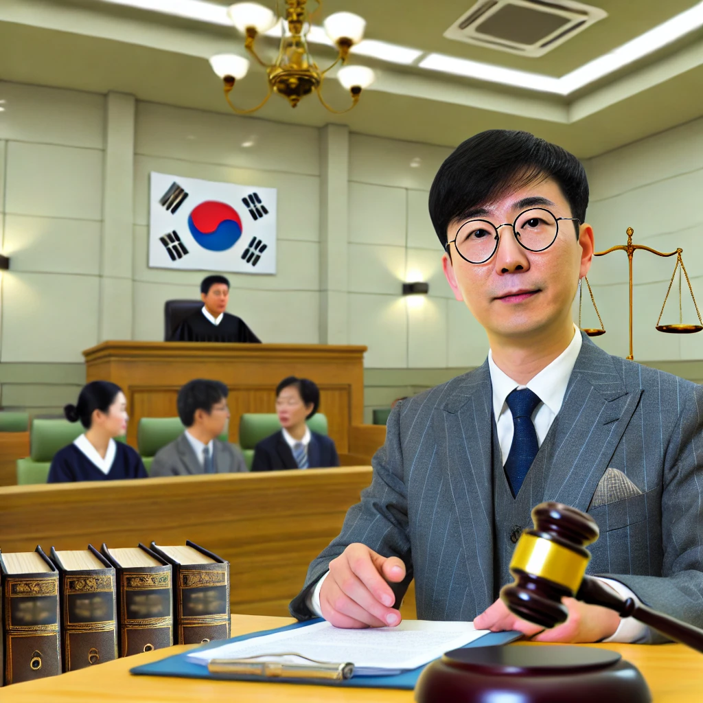 한국 법정에서 상속 분쟁 사건을 심리 중인 판사와 법정 풍경.