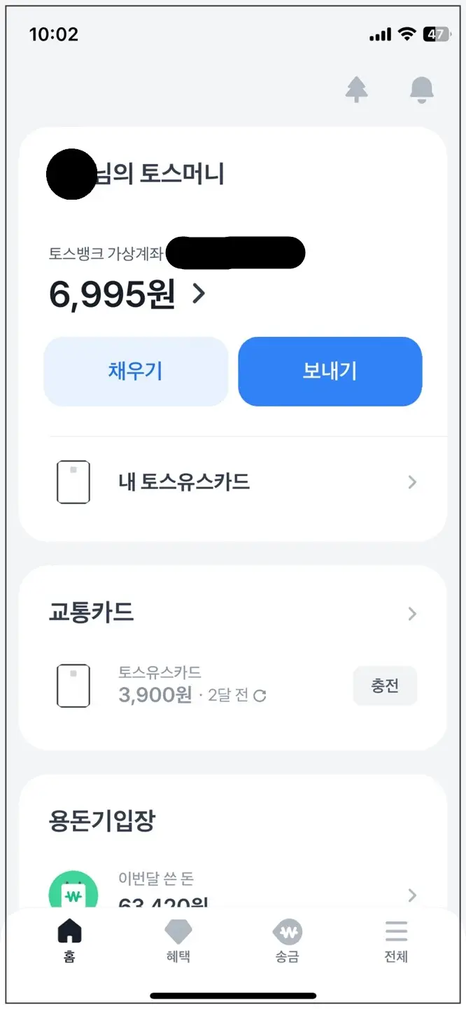 토스 앱-용돈관리-잔액확인
