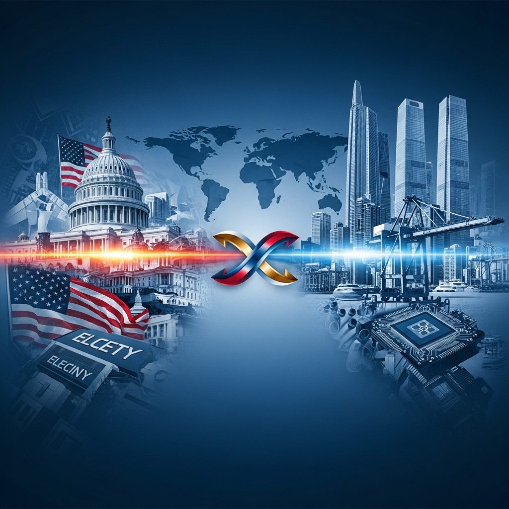 2024년 미국 대선 이후 2025년 한국 경제에 미칠 영향을 상징하는 이미지. 미국의 정치적 풍경과 서울의 현대적인 경제 요소를 결합하여, 두 나라의 경제적 연결성과 예상되는 변화를 시각적으로 표현.