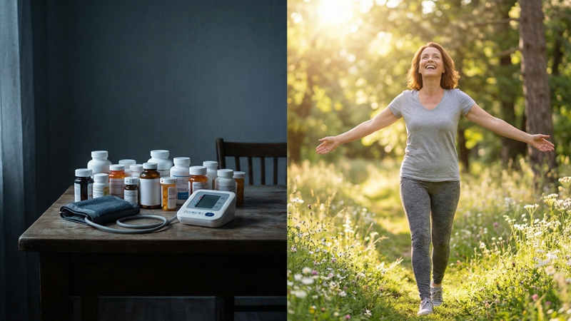 50대 여성이 고혈압약을 끊고 하루 10분 건강 습관으로 활기찬 삶을 되찾은 모습. 생활 습관의 기적으로 혈압을 관리하는 방법.
