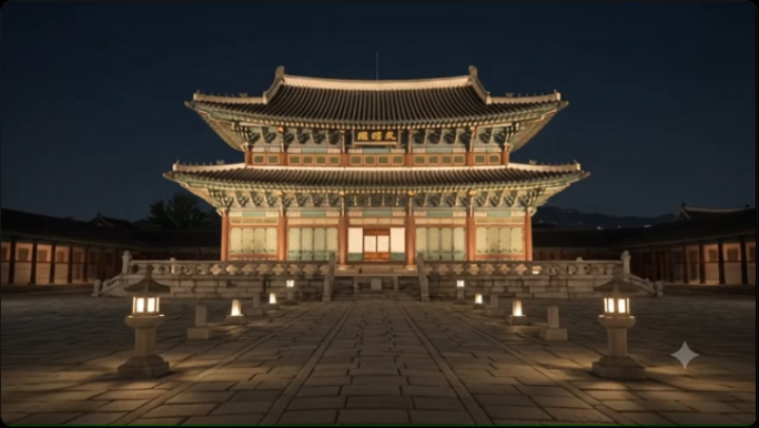 은은한 조명 아래 웅장함을 자랑하는 경복궁 근정전의 야경)