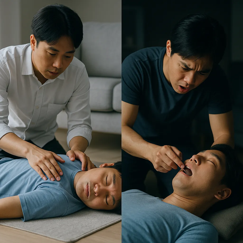 뇌전증 발작 응급처치 가이드, 환자를 옆으로 돌리고 주변 위험한 물건을 치우는 올바른 행동과 입에 이물질을 넣으려는 잘못된 행동을 비교하는 이미지