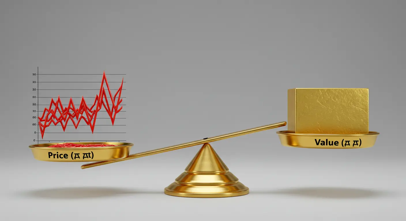 변동성이 큰 '가격(Price)'과 묵직한 '가치(Value)'가 저울 위에서 균형을 이루는 모습
