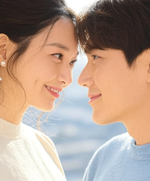 갯마을에 정착한 여성 치과선생님(왼쪽), 갯마을 토박이 남성(오른쪽)이 서로 이마를 맞대로 미소를 짖고 있는 모습