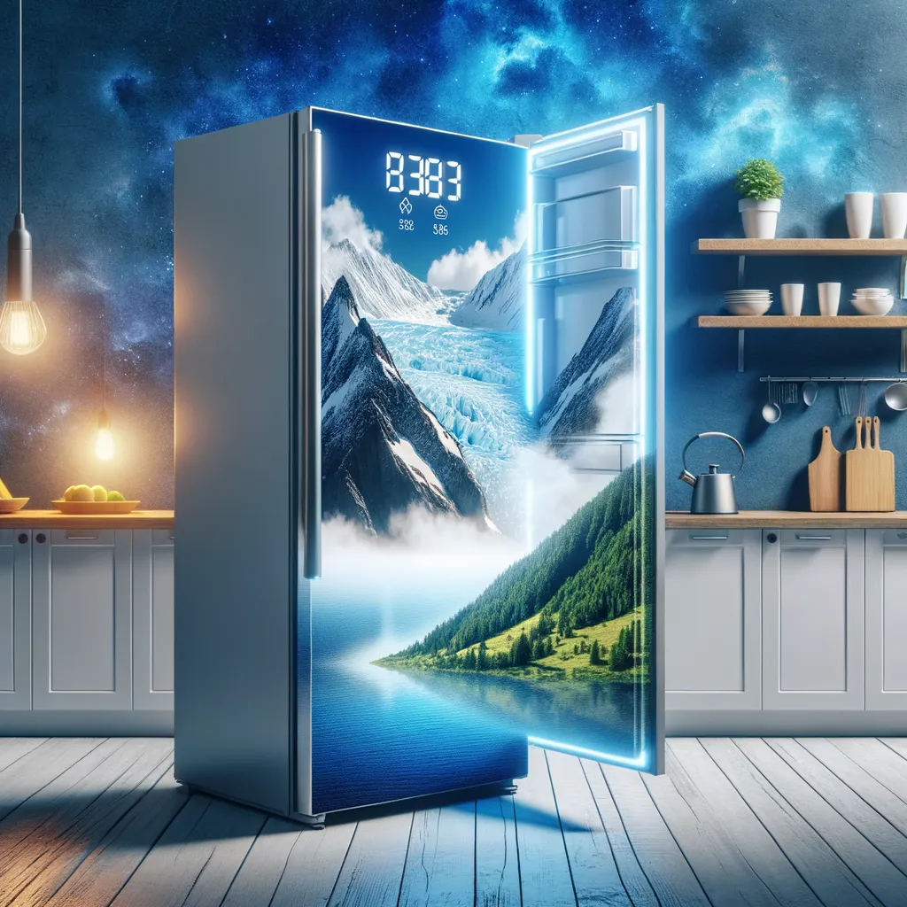 A stylish energy-efficient refrigerator in a contemporary kitchen, showcasing eco-friendly features and fresh produce