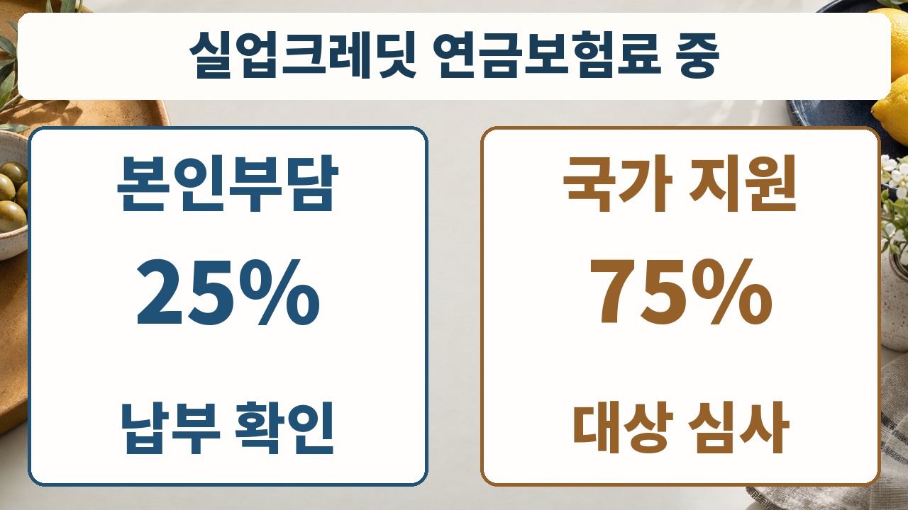 실업크레딧 연금보험료 중 본인부담 25퍼센트와 국가 지원 75퍼센트를 구분한 안내