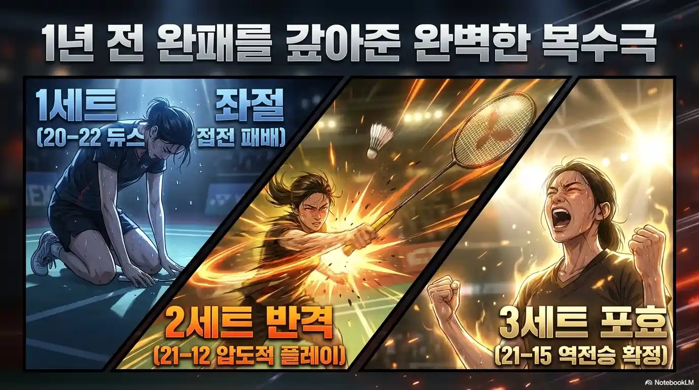 안세영 천위페이 4강전 세트 스코어 1세트 20-22 2세트 21-12 3세트 21-15 역전 - 1년 전 완패 복수극