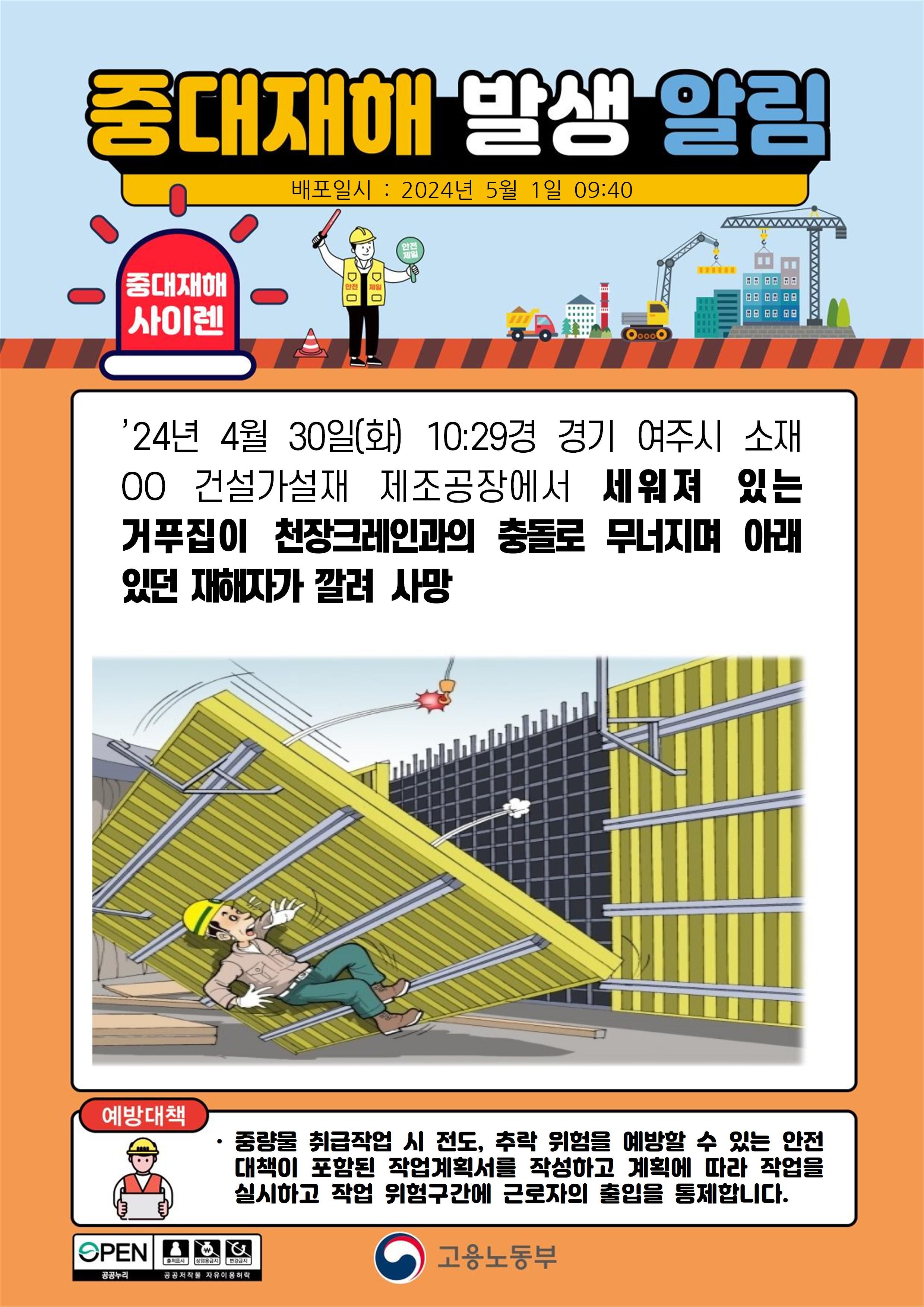 세워져 있는 거푸집이 천장크레인과 충돌로 무너지며 깔림