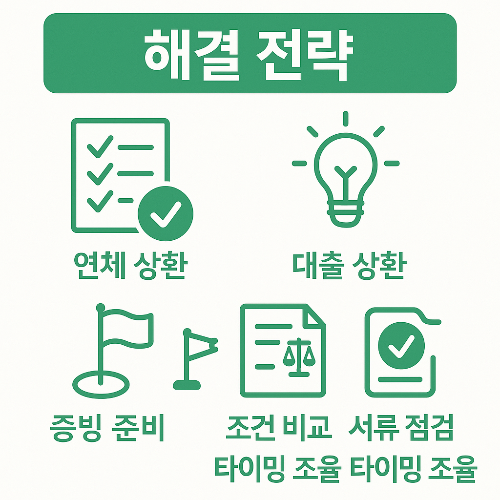 햇살론 대출 거절을 피하기 위한 해결 전략으로 연체 상환, 대출 상환, 증빙 준비, 조건 비교, 서류 점검, 타이밍 조율 방법을 제시한 인포그래픽입니다.