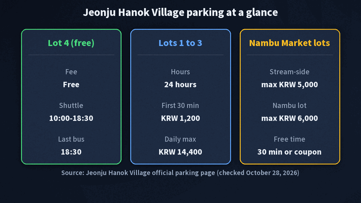 Parking comparison for Jeonju Hanok Village: Lots 1 to 3 KRW 14,400 a day at most, Lot 4 free with a shuttle to Omokdae from 10:00 to 18:30, Nambu Market lots KRW 5,000 and 6,000 at most