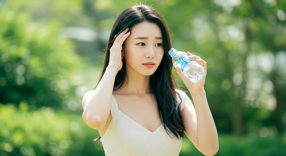 폭염 속 탈수 예방하고 있는 여성 이미지