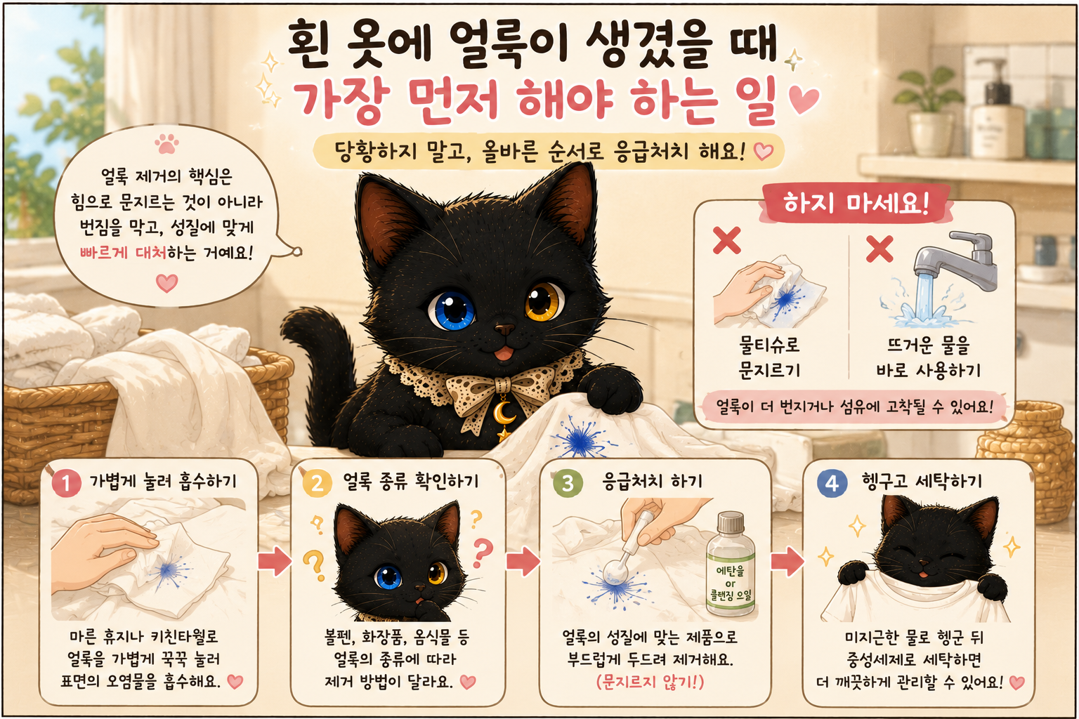 흰 옷에 얼룩이 생겼을 때 가장 먼저 해야 하는 일