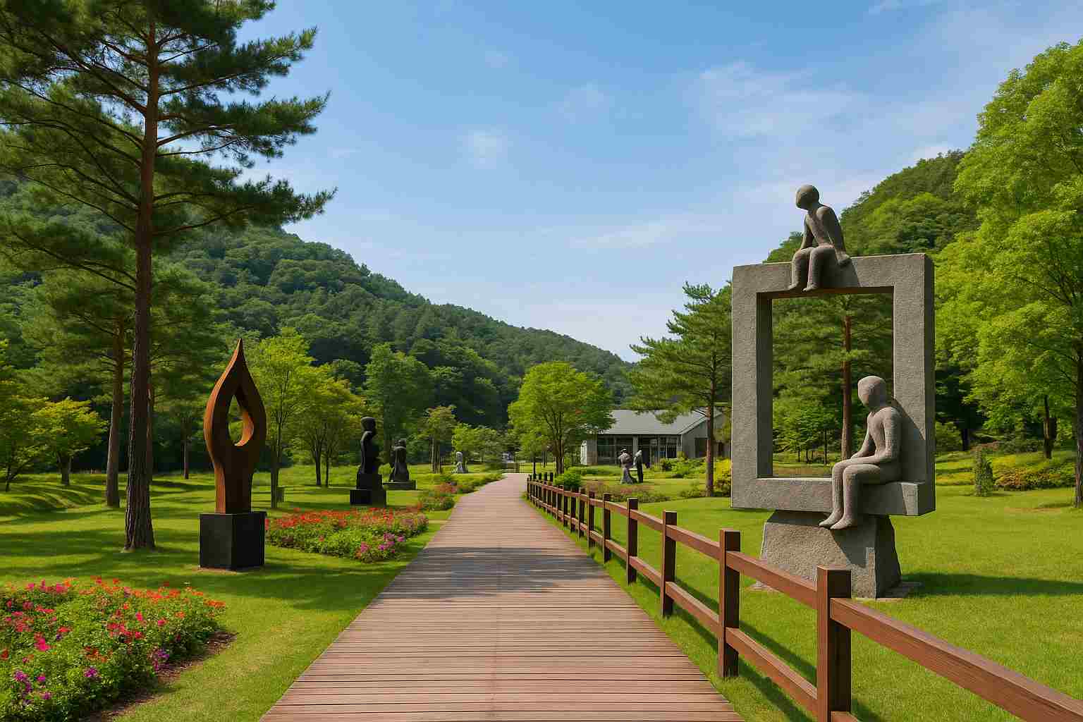 보령 개화예술공원의 넓은 잔디광장과 조형물이 어우러진 평화로운 산책길 풍경