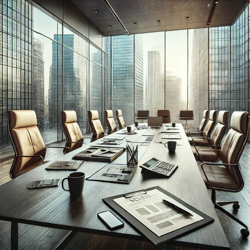 회의실 테이블 위에 문서와 커피잔이 놓인 현대적인 사무실