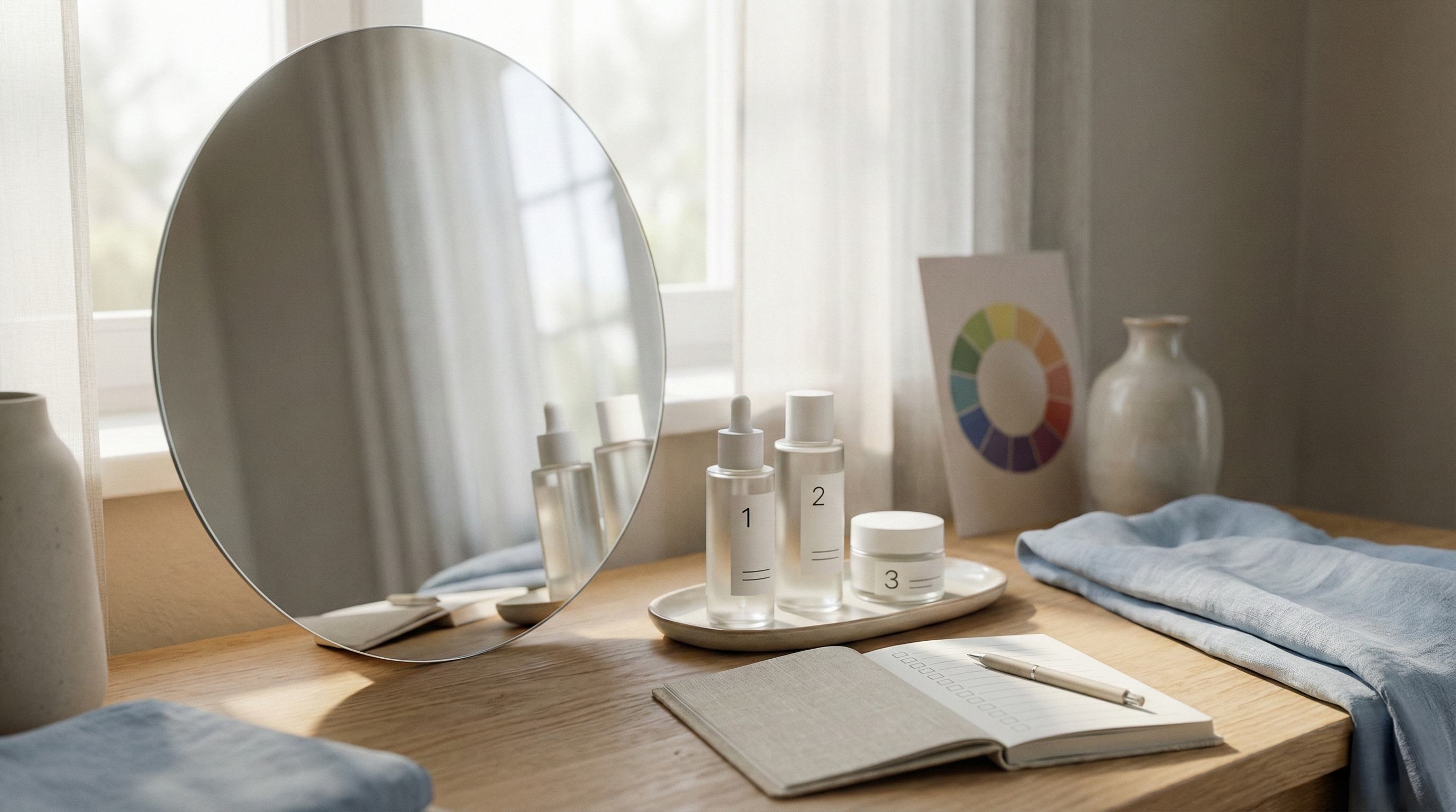 거울 앞 바니티에 단계별 홈케어 제품과 체크 노트가 놓여 ‘나만의 안식처 루틴’을 보여주는 장면입니다.