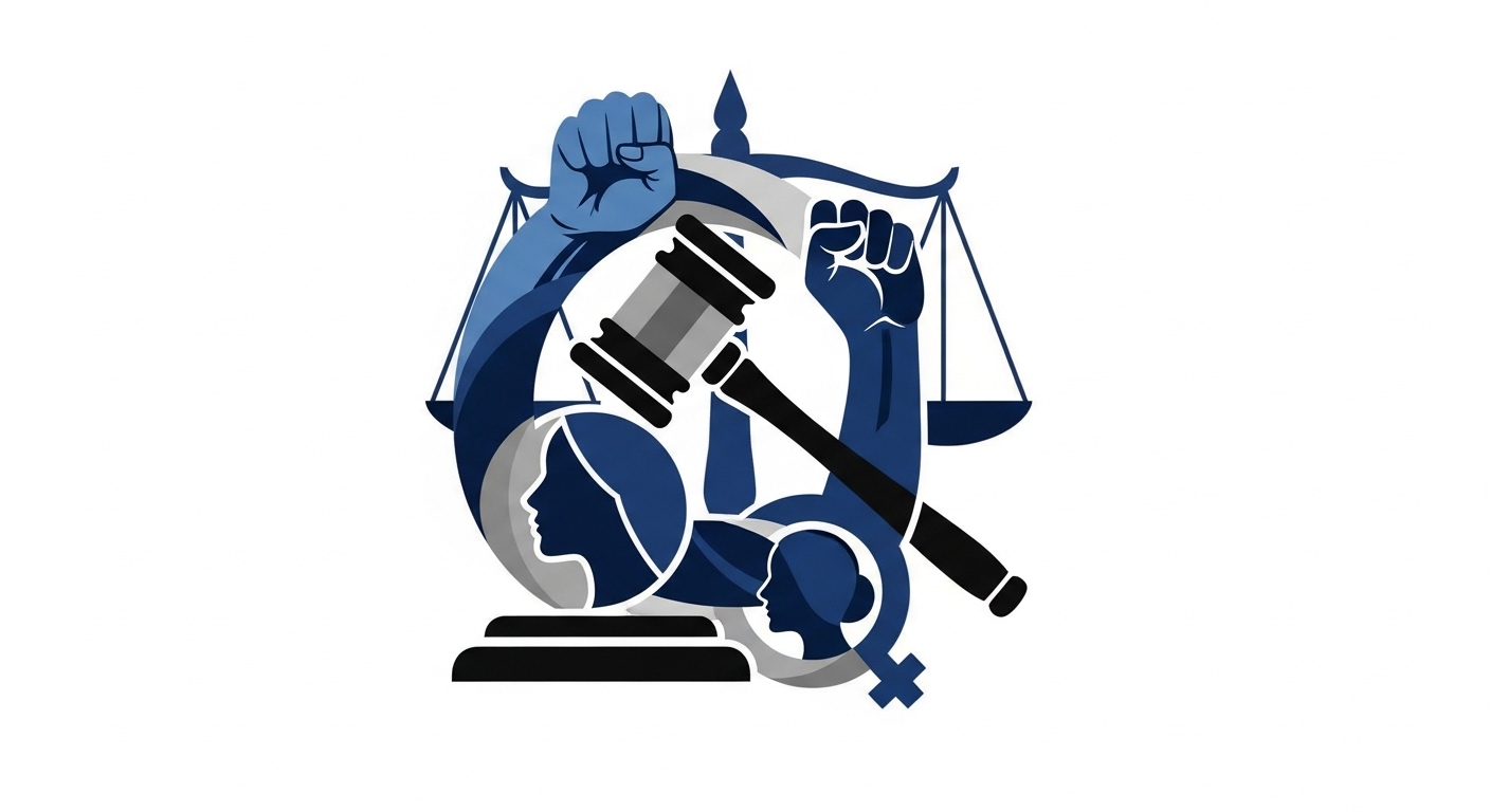 여성 인권과 정의를 상징하는 추상적인 이미지. 법적 절차와 연대를 통해 멕시코 여성들이 폭력에 맞서 싸우는 강인한 의지를 나타낸다.