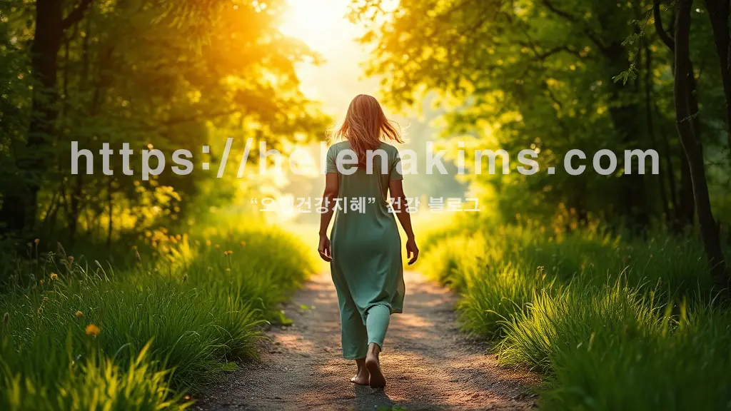 따스한 햇살이 쏟아지는 싱그러운 숲길 또는 푸른 잔디밭을 맨발로 걷는 중년 여성의 평화롭고 활기찬 뒷모습.